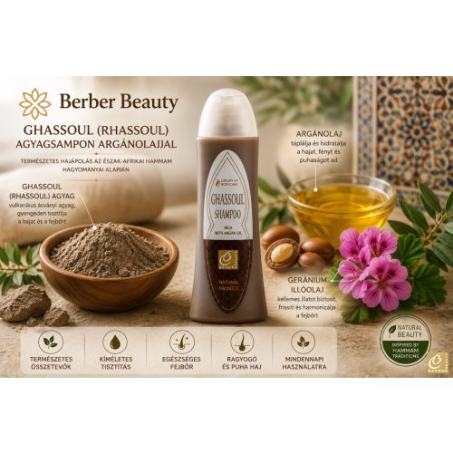 Berber Beauty Ghassoul (Rhassoul) Agyagsampon Argánolajjal – természetes hajsampon ghassoul agyaggal, argánolajjal és geránium illóolajjal
