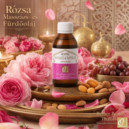 Rózsa Mediterrán Masszázs- és Fürdőolaj 125 ml – damaszkuszi rózsa illóolajjal, szőlőmagolajjal, sárgabarackmag-olajjal és mandulaolajjal - Berber Beauty