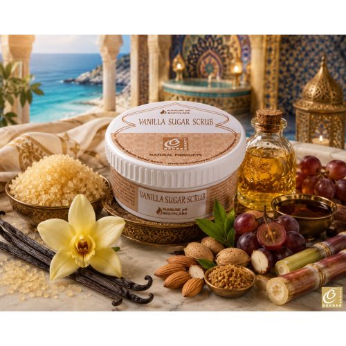 Berber Beauty Vaníliás Cukros Bőrradír természetes cukorkristályokkal, mandulaolajjal, szőlőmagolajjal és vanília kivonattal