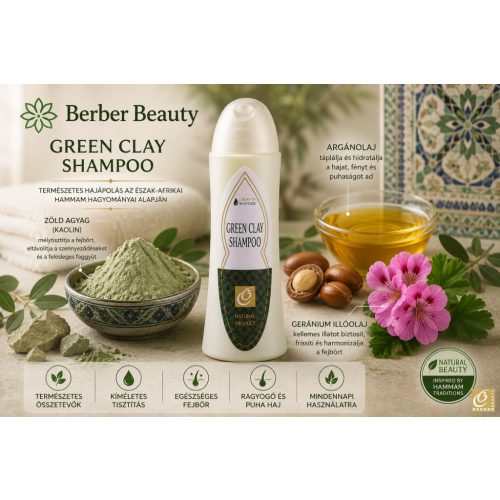 Berber Beauty Green Clay Shampoo – zöld agyagos sampon argánolajjal és geránium illóolajjal, természetes hajápolás az észak-afrikai hammam hagyományai alapján